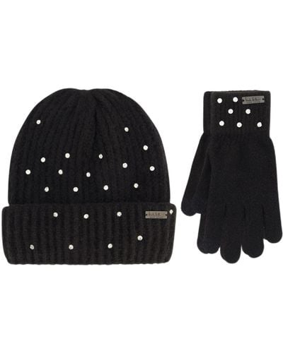 Nicole Miller Rhinestone Winter Beanie Hats Soft & Warm Gloves Set - Black