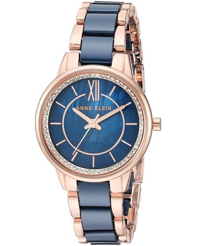 Anne Klein Ak/3344nvrg Premium Crystal Accented Rose Gold-tone And Navy Blue Ceramic Bracelet Watch