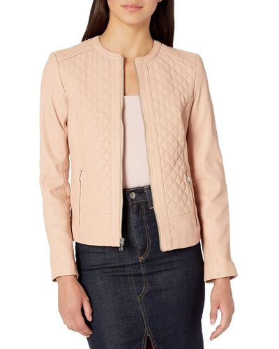 Cole Haan Jewel Neck Quilted Leather Jacket - Natural