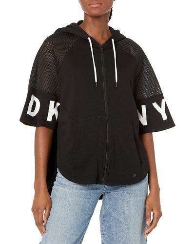 DKNY Hooded Anorak Zip Up Poncho Jacket - Black