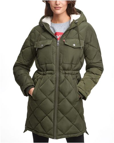 Levi's Soft Sherpa Lined Diamond Quilted Long Parka Jacket - Green