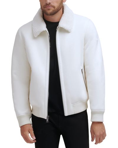 DKNY Shearling Bomber Jacket With Faux Fur Collar - Gray