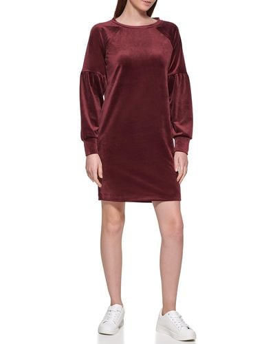 Andrew Marc Luxe Stretch Velvet L/s Puff Sleeve Sheath Dress - Red