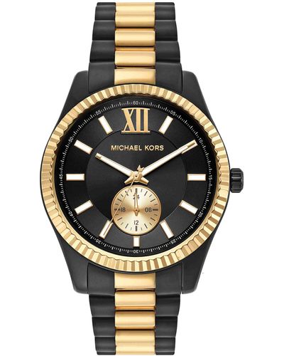Michael Kors Lexington Multifunction Black And Gold Two-tone Stainless Steel Bracelet Watch - Metallic