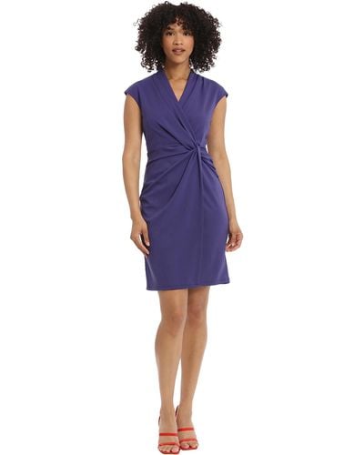 Maggy London Wrap Look Twist Detail Cap Sleeve Dress Career Office Workwear Event Guest Of - Blue