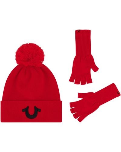 True Religion Beanie Hat And Fingerless Gloves Set - Red