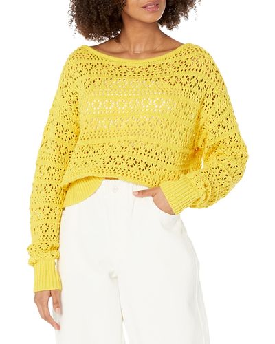 The Drop Daba Crochet Long Sleeve Slouchy Pullover - Yellow