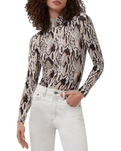 French Connection Womens Animal Printed Jersey High Neck Top Shirt - Blue