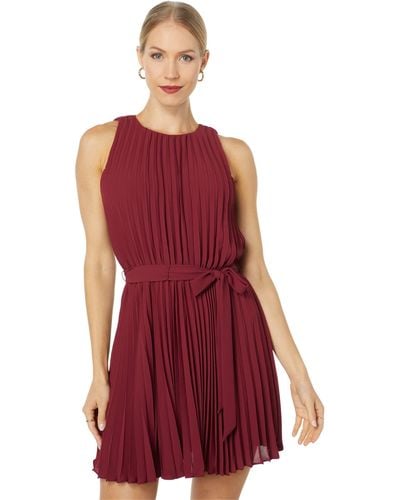 BCBGMAXAZRIA Mini Cocktail Fit And Flare Tie Front Pleats Round Neck Dresses - Red