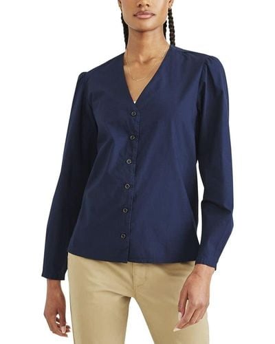 Dockers Classic Fit Long Sleeve V-neck Shirt, - Blue