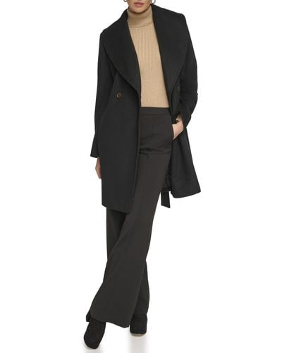 DKNY Plus Size Shawl Collar Belted Wrap Front Wool Blend Coat