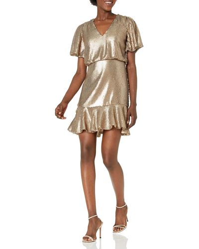 ML Monique Lhuillier Short Sleeve Sequins Cocktail Dress - Metallic