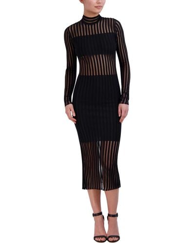 BCBGMAXAZRIA Long Sleeve Mock Neck Sheer Stripe Midi Dress - Black
