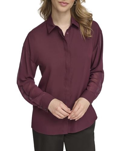 Calvin Klein Button Front Long Sleeve Blouse - Purple