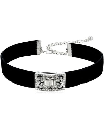 Kenneth Jay Lane Black Velvet With Silver/crystal Deco Choker Necklace