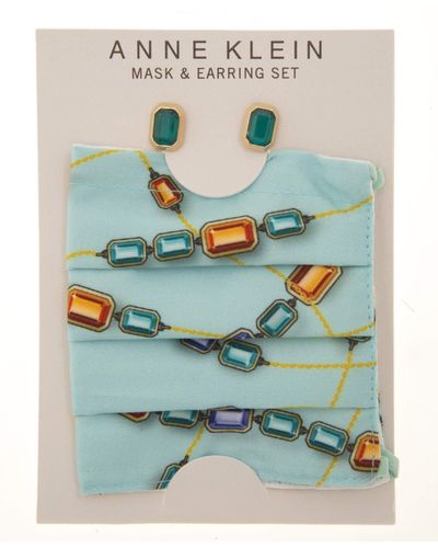 Anne Klein Goldtone Emerald Accent Stud Earrings & Cloth Mask Set - Green