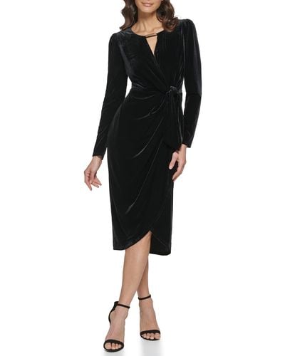 Kensie Gold Hardware Stretch Velvet Long Sleeve Midi Dress - Black