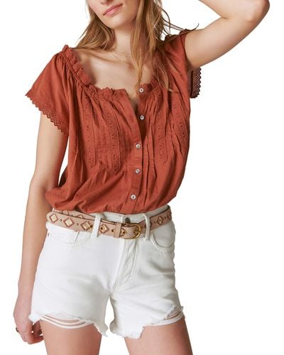 Lucky Brand Button Front Peasant Top - Red