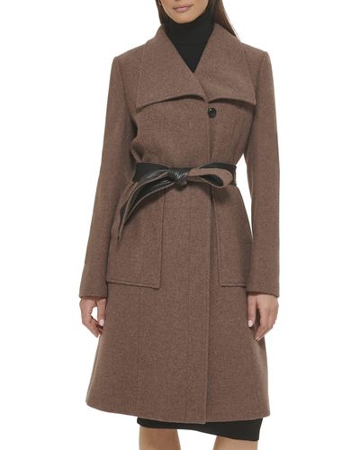 Cole Haan Belted Coat Wool With Cuff Details - Brown