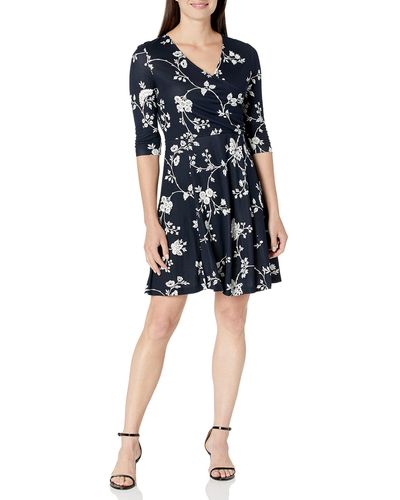 Lark & Ro Three Quarter Sleeve Faux Wrap Fit And Flare Dress - Multicolor