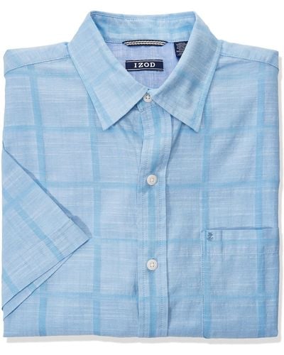 Izod Mens Saltwater Short Sleeve Windowpane Button Down Shirt - Blue