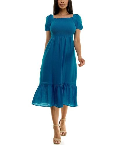 Nanette Lepore Carribean Texture Dress With Smock Chest And Blouson Sleeve - Blue