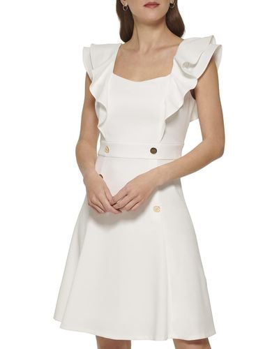 DKNY Double Ruffle Sleeve Fit And Flare Dress - White