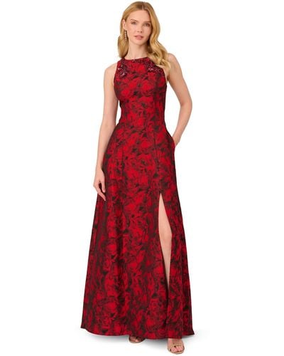 Adrianna Papell S Beaded Jacquard Gown Special Occasion Dress - Red