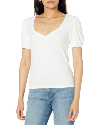 The Drop Theresa Short Puff-sleeve Sweetheart-neck Rib Knit Top - White