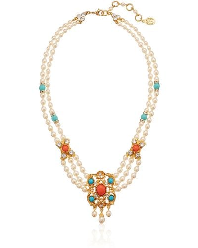 Ben-Amun 24k Gold Plated Made In New York Pearl Strand 'santorini' Turquoise Coral Stone Statement Vintage Necklace Enamel Earrings Gift - Multicolor
