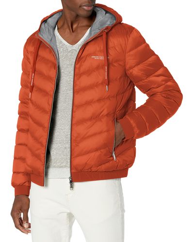 Emporio Armani A|x Armani Exchange Mens Hooded Quilted Down Milano/new York Logo Zip-up Shell Jacket - Orange