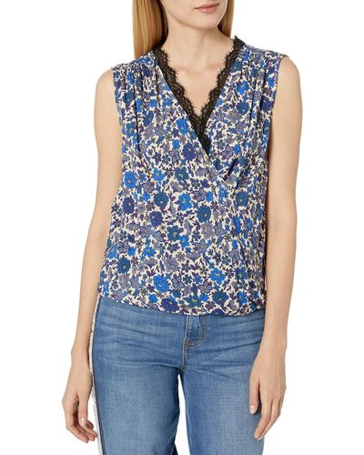 Velvet By Graham & Spencer Lacy Printed Lace Trim Sleeveless Top - Blue