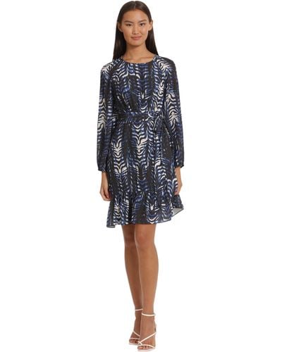 Donna Morgan Long Sleeve Asymmetrical Hem Flounce Dress With Waist Tie Event Party Occasion Guest Of - Blue