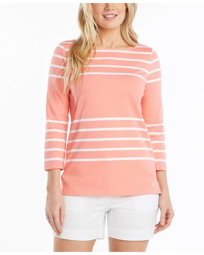 Nautica Solids And Stripes Boatneck 3/4 Sleeve 100% Cotton Shirt - Pink