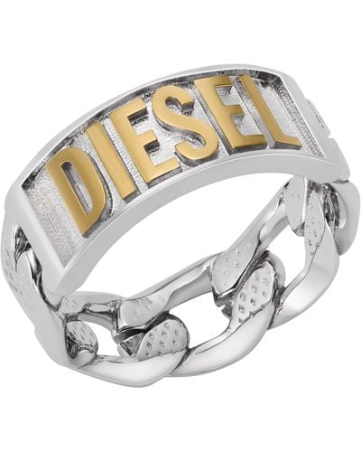 DIESEL Silver And Gold Two-tone Stainless Steel Logo Band Ring - Metallic
