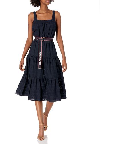 Tommy Hilfiger Eyelet Sleeveless Black Dress With Chic Waist Belt And Delicate Skirt Detailing - Blue