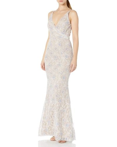 Dress the Population Helen Sleeveless Surplice Wrap Top Lace Gown Dress - White