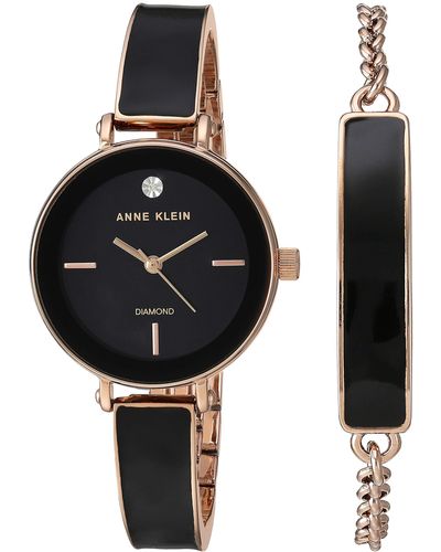 Anne Klein Genuine Diamond Dial Rose Gold-tone And Black Bangle Watch With Bracelet Set