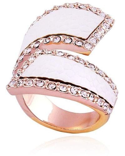 Guess Rose-gold-tone Stone Framed Bypass Band With White Faux Python Inlay Ring