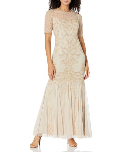 Adrianna Papell Beaded Round Neck Elbow Sleeve Mermaid Long Dress - Natural