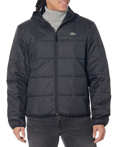 Lacoste Color Blocked Quilted Full Zip Long Sleeve Hooded Jacket - Gray