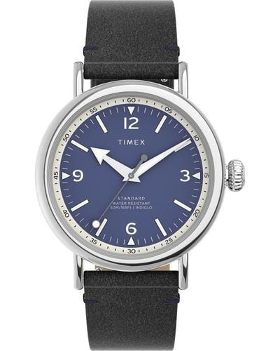 Timex Friendly Leather Strap Watch Watch - Black Strap Blue Dial Silver-tone - Gray