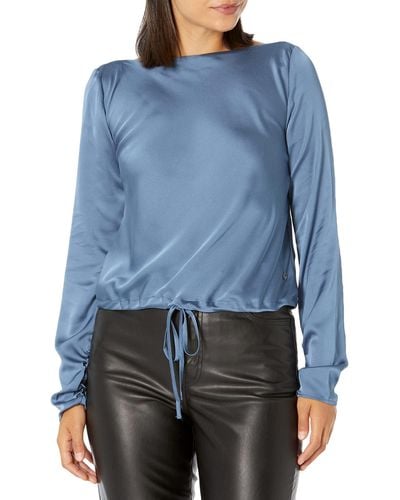 Guess Womens Long Sleeve Aimee Top Eco Breezy Charm Blouse - Blue