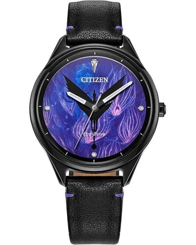 Citizen Eco-drive Disney Avatar Watch In Black Ip Stainless Steel With Black Leather Strap - Purple