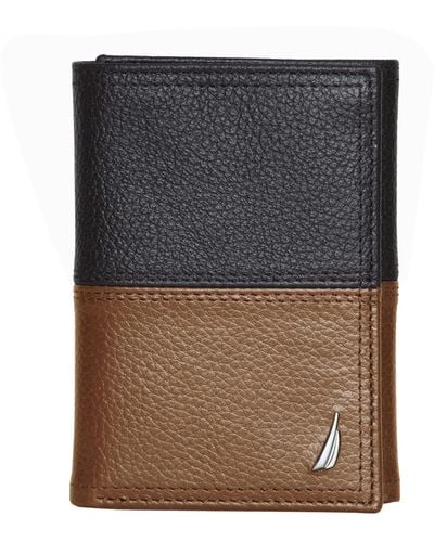 Nautica Pebble Trifold Leather Wallet With 6 Slots - Brown