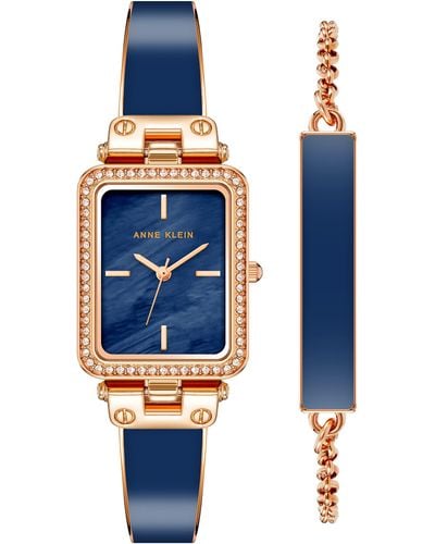 Anne Klein Premium Crystal Accented Bangle Watch And Bracelet Set - Blue