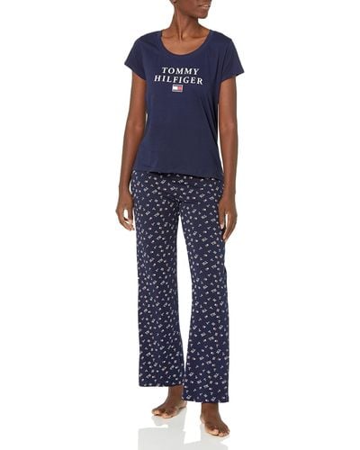 Tommy Hilfiger Womens Short Sleeve Logo Tee Top & Bottom Pant Pj Pajama Set - Blue