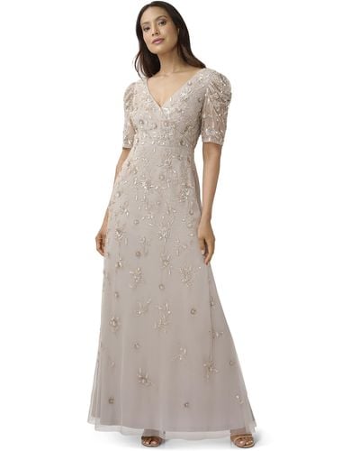 Adrianna Papell Beaded Surplice Gown - White