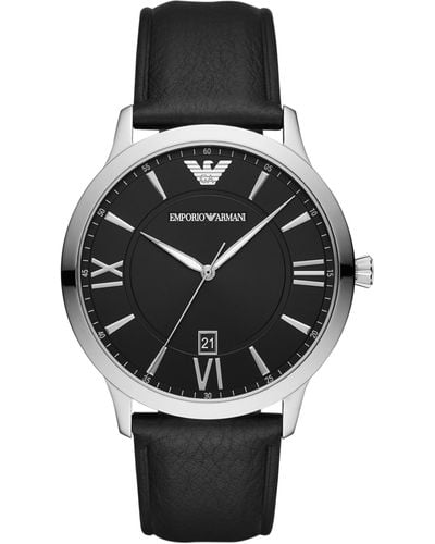 Emporio Armani Three-hand Date Silver And Black Leather Band Watch