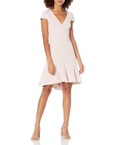 Dress the Population Womens Bettie Short Sleeve Plunging Basic Fit & Flare Short Dress - Pink